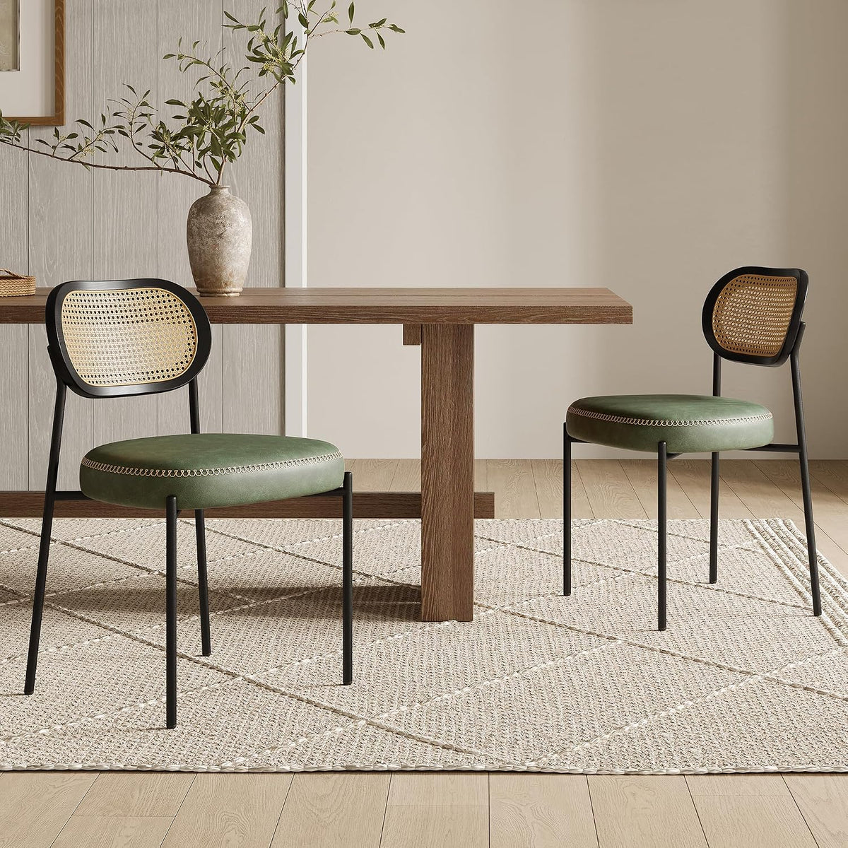 Rattan Dining Chairs Set of 4, Green Leather Upholstered Dining Chairs with Rattan Cane Back, Mid Century Modern Dining Room Chairs with Black Metal Legs & D-Shaped Thicken Cushion, Green