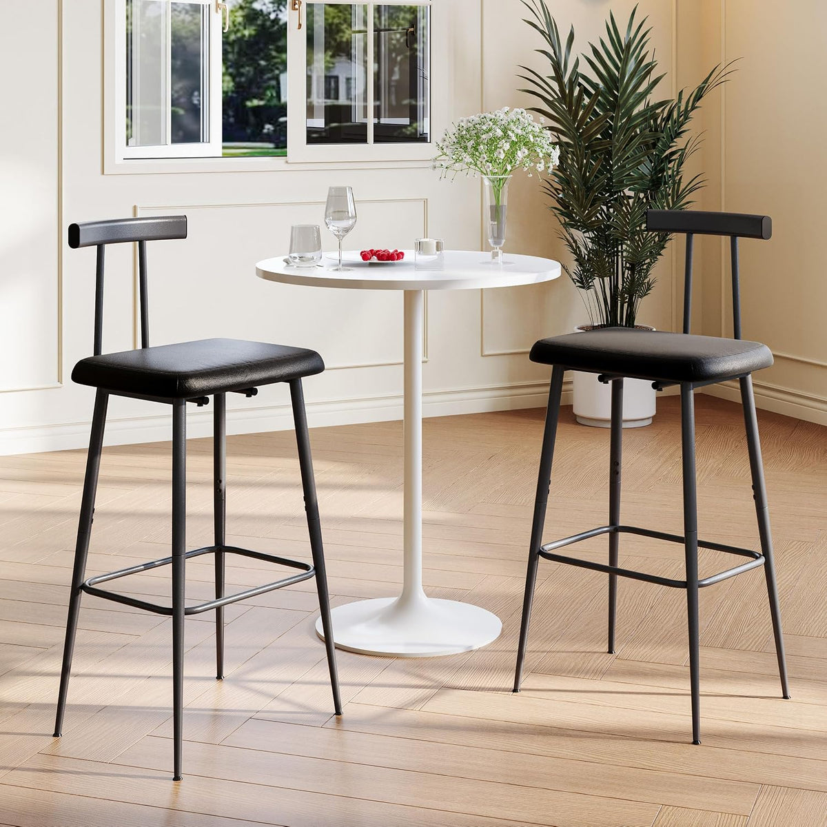 black bar stool set of 2,tall meta black, close-up detail