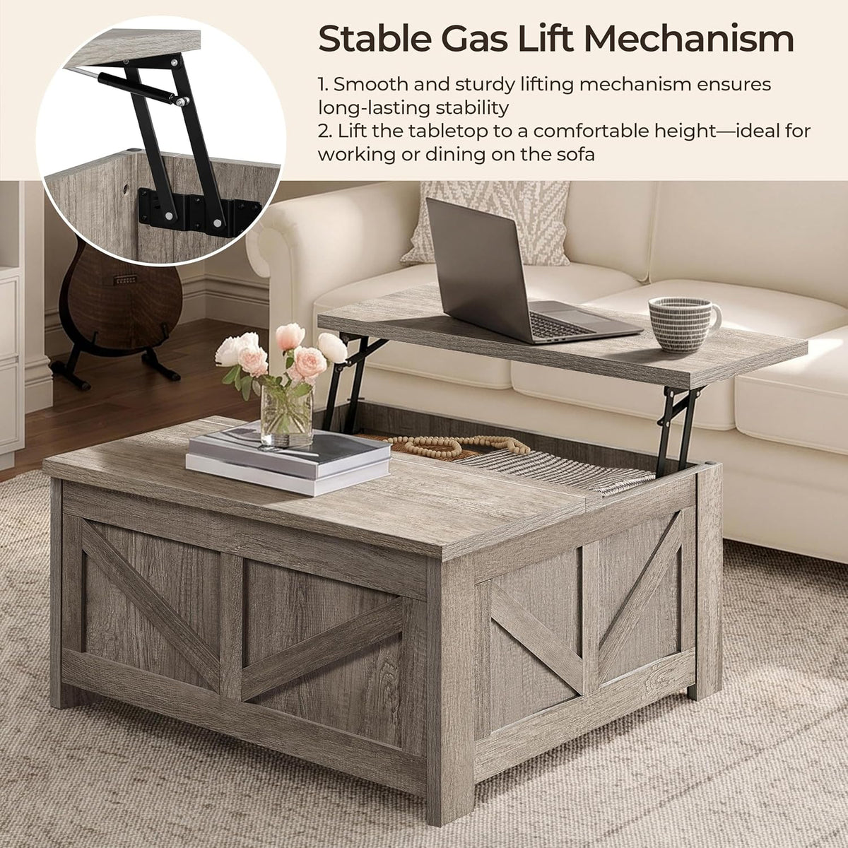 Yaheetech 31.5" Farmhouse Lift Top Coffee Table with Hidden Storage, Gray