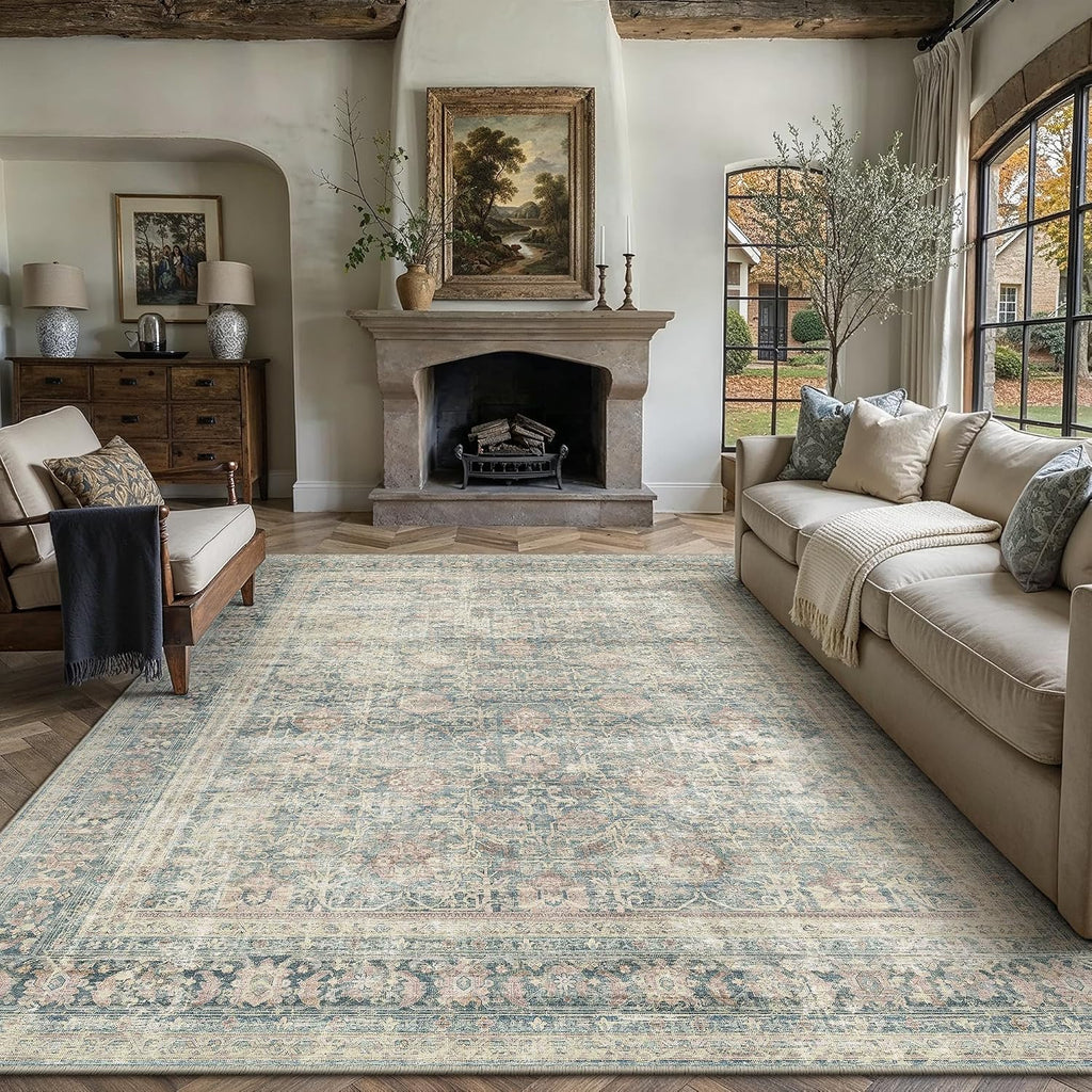 8x10 Area Rug Blue Vintage Distressed Carpet