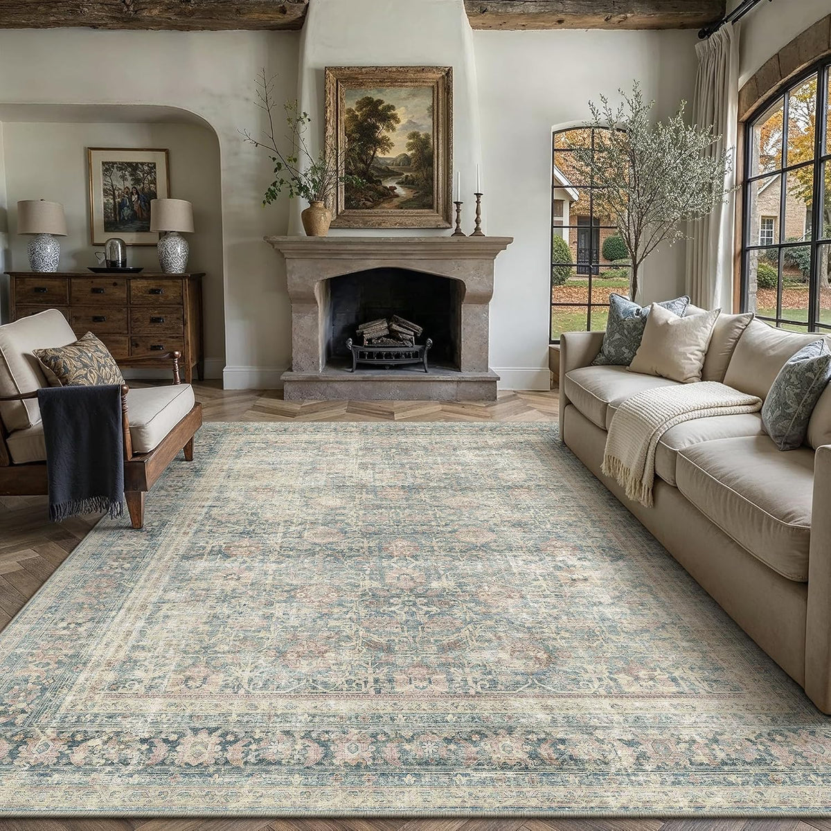 8x10 Area Rug Blue Vintage Distressed Carpet