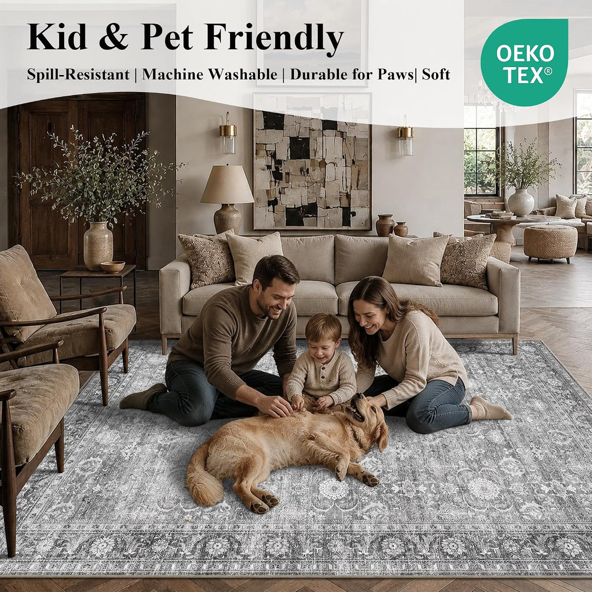 JOOJA 8x10 Grey Vintage Soft Low Pile Non Slip Boho Washable Area Rug