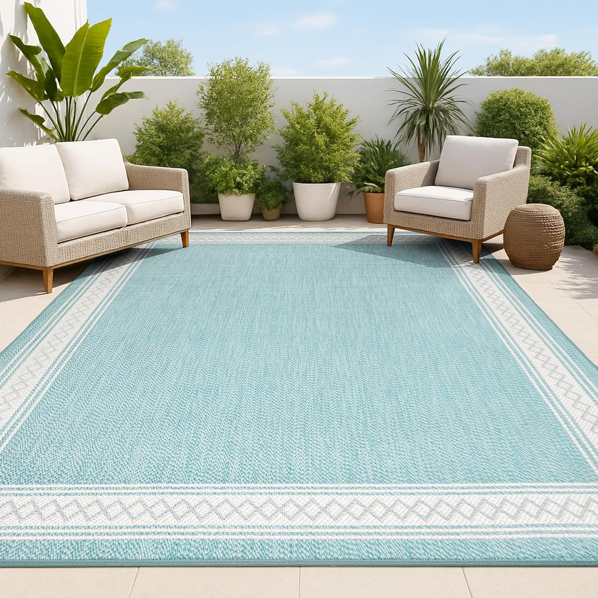JONATHAN Y Diamond Border Indoor Outdoor Area Rug 3X5 Aqua/Light Gray, Lucia Classic for Backyard, Patio, Porch, Easy-Cleaning, High Traffic, Pet-Friendly, Non-Shedding (SMB207D-3)