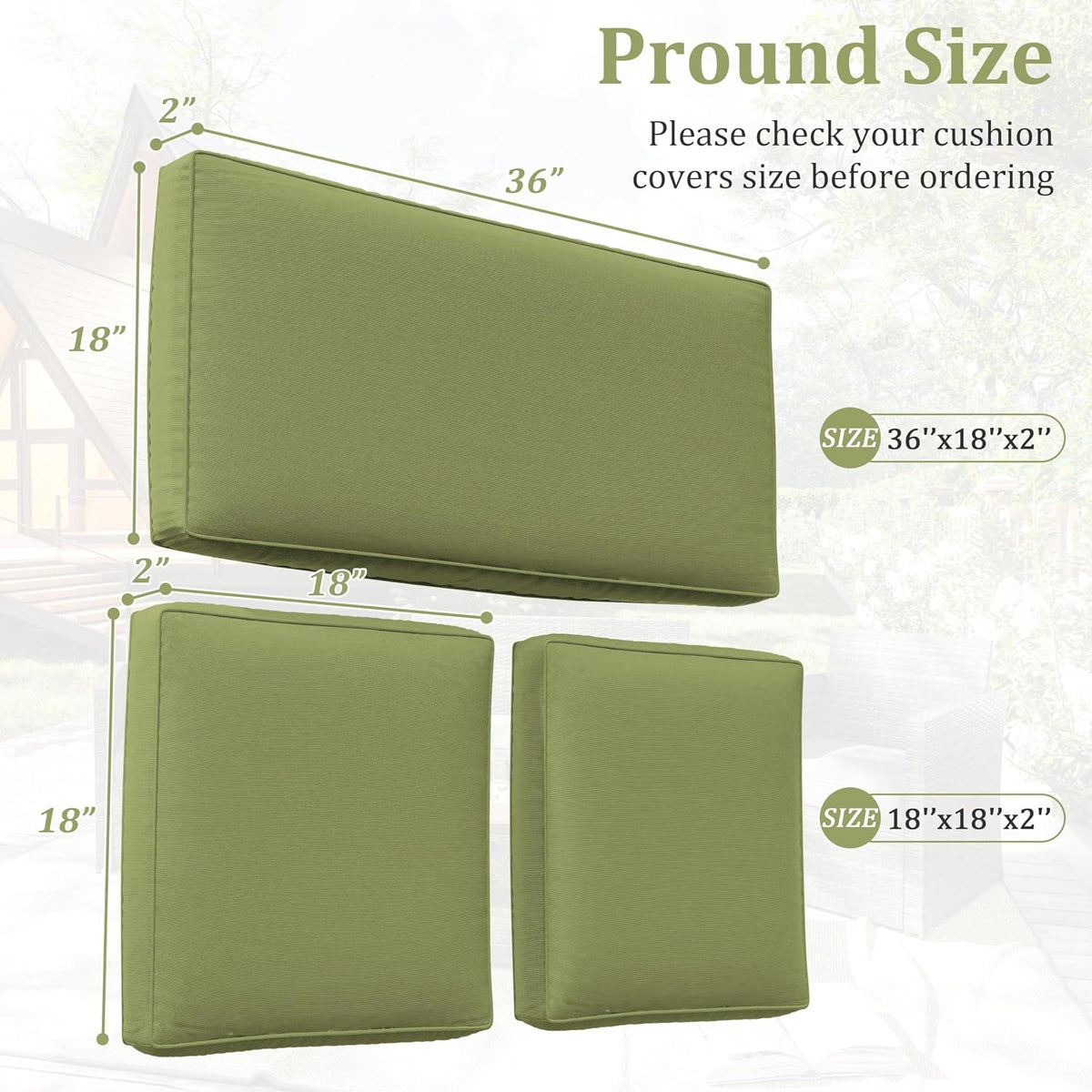 3 Pcs Outdoor Cushion Covers, Patio Cushion Covers Replacement Fit for 4-Seater Wicker Rattan Patio Set Chair Couch,36×18×2,18×18×2, Covers Only, Light Green