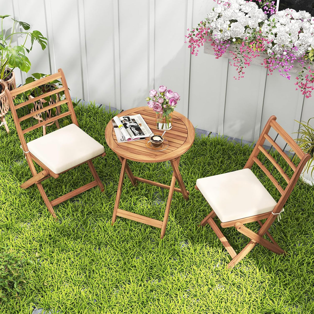 HAPPYGRILL 3 Pieces Acacia Wood Patio Bistro Set, Folding Outdoor Table and Chairs Set with Cushions, Outdoor Patio Furniture Set for Porch, Balcony, Deck, Garden, Backyard