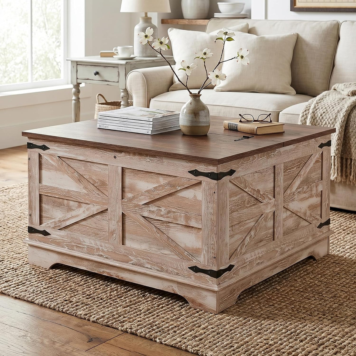 senlin Farmhouse Coffee Table, Heavy-Duty Coffee Table with Storage, Square Wood Center Table Set for Living Room with Pull Up Large Hidden Storage Compartment,Rustic Brown