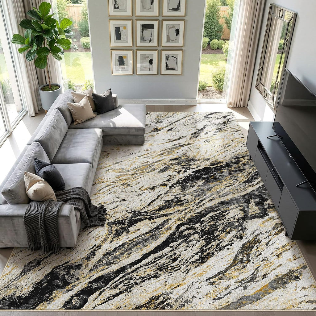 Area Rugs for Living Room: 9X12 Abstract Washable Rug Modern Neutral Large Soft Stain Resistant Non-Slip for Bedroom Dining Room Indoor Home Office Carpet - Black Gold