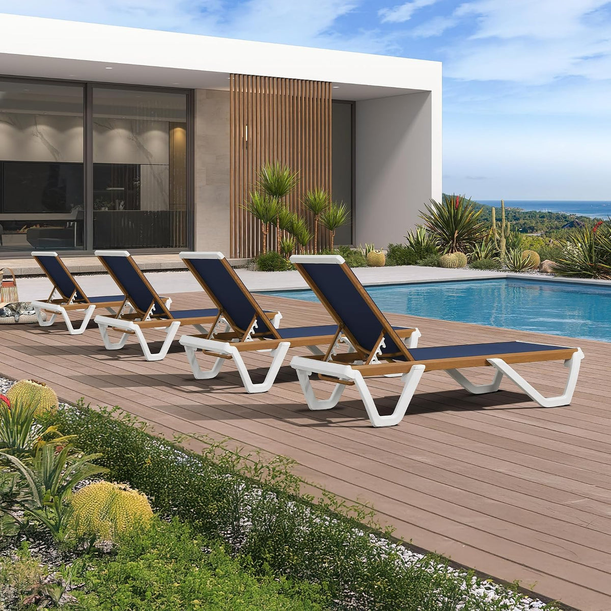PURPLE LEAF Outdoor Lounge Chair Set of 4 Plastic Chaise Lounge, Navy Blue