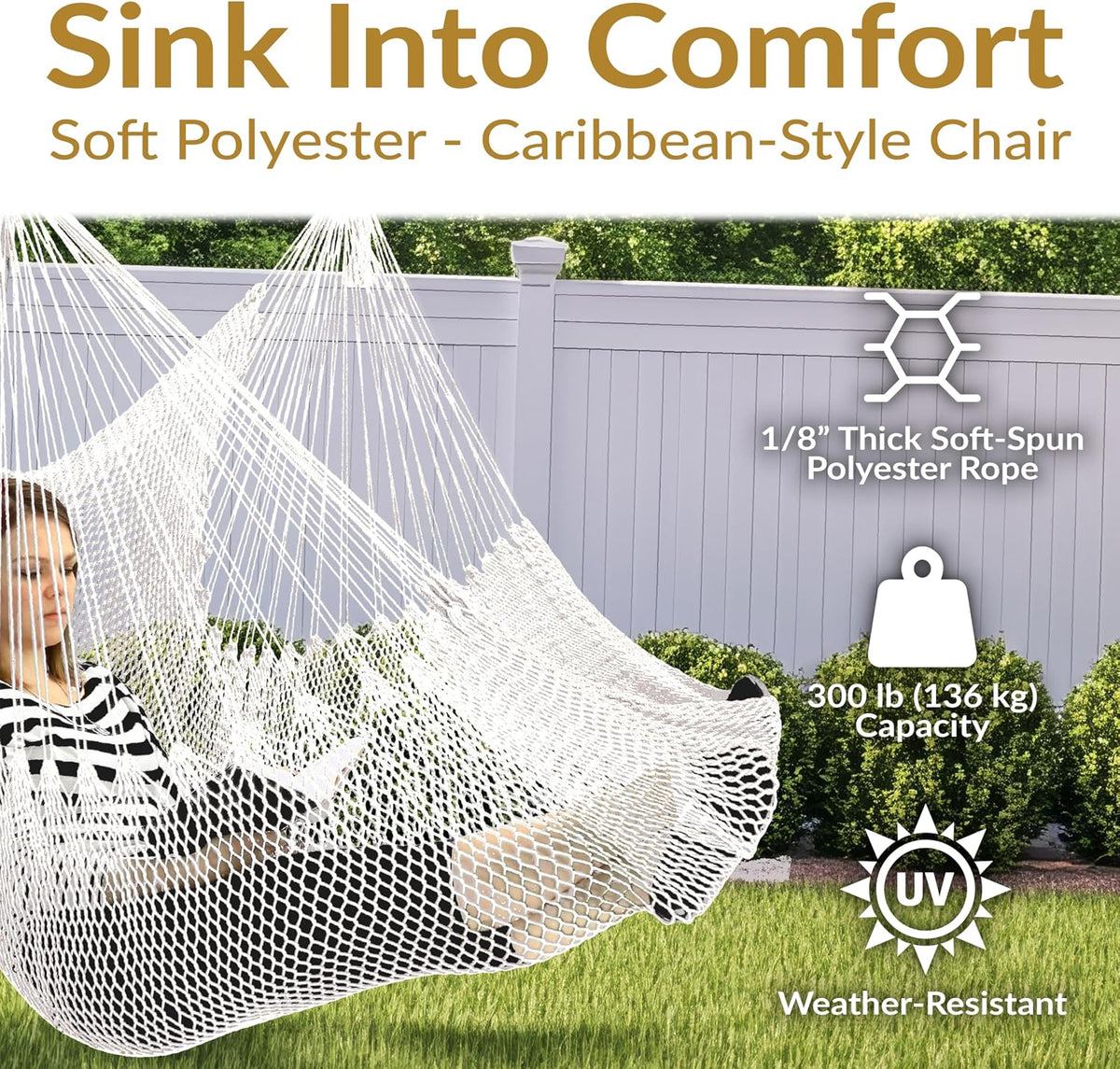 Sunnydaze Hanging Hammock Chair Swing for Patio, Caribbean, White