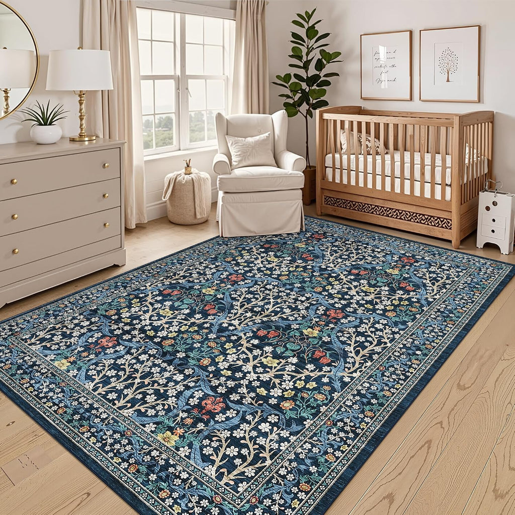 GarveeHome Blue Floral 5x7 Washable Area Rug for Living Room Bedroom