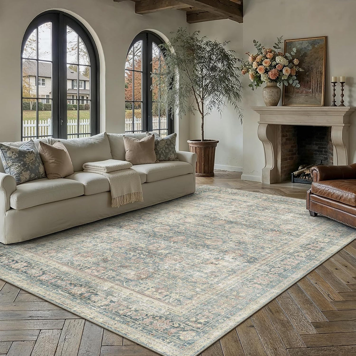 8x10 area rug blue vintage distressed carpet, side view