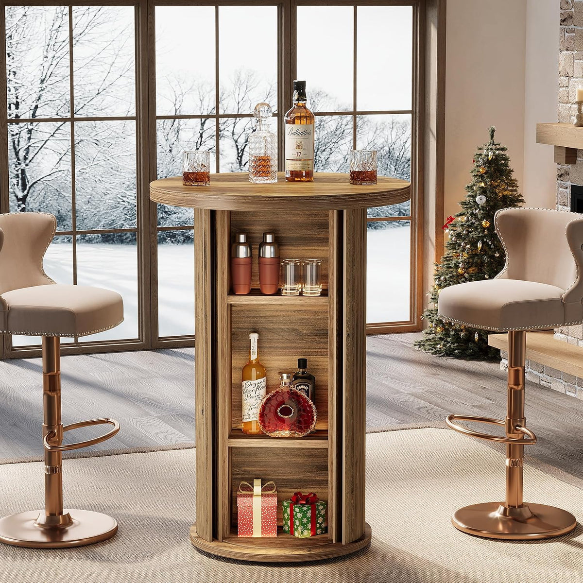 Tribesigns Round Bar Table, 35.4" Rustic Cocktail Table with 3-Tier Hidden Storage Shelves, High Top Bistro Pub Table with Slide Door for Small Spaces, Kitchen, Parties (1, Brown)