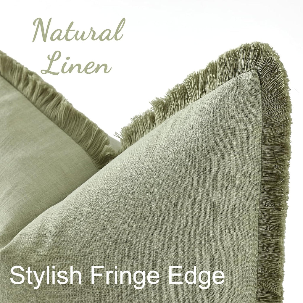 decorUhome Linen Fringe Sage Green Throw Pillow Covers 24x24 Set of 2