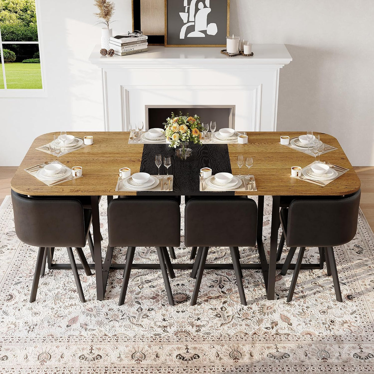 Dining Table Set for 8, 79" Large Dining Room Table Set for 8, Modern Farmhouse Kitchen Table Set for 8, Space Saving Wood Rectangular Dining Room Table with 8 Chairs for Home Gatherings