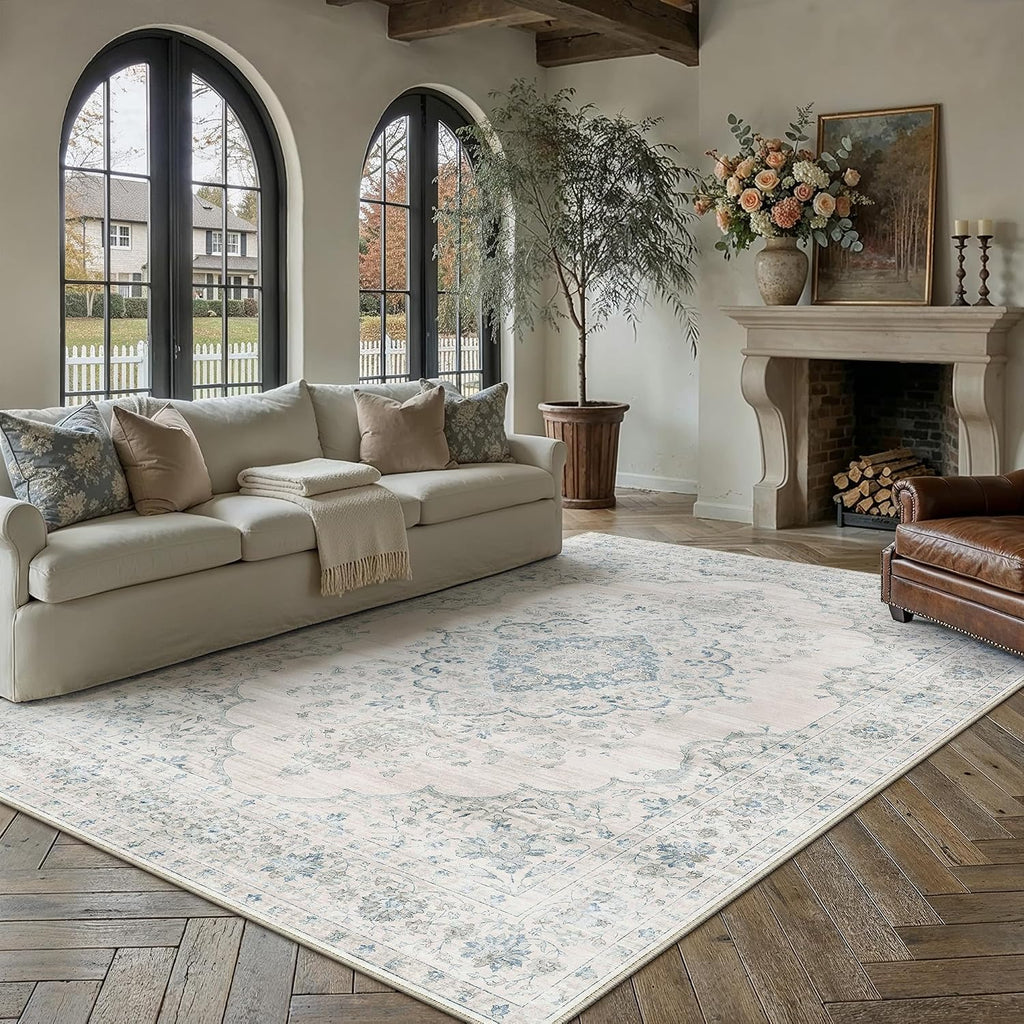 8x10 Blue Washable Neutral Area Rug Living Room
