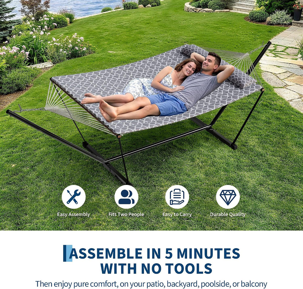 Garvee 2 Person Portable Double Hammock for Outdoor with Pillow, Heavy Duty Portable Hammock with Adjustable Steel Stand for Patio, Garden, Beach, Backyard