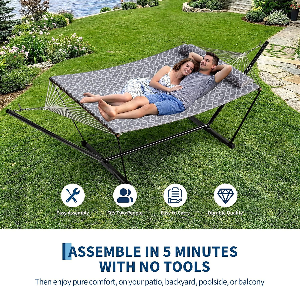 Garvee 2 Person Portable Double Hammock for Outdoor with Pillow, Heavy Duty Portable Hammock with Adjustable Steel Stand for Patio, Garden, Beach, Backyard