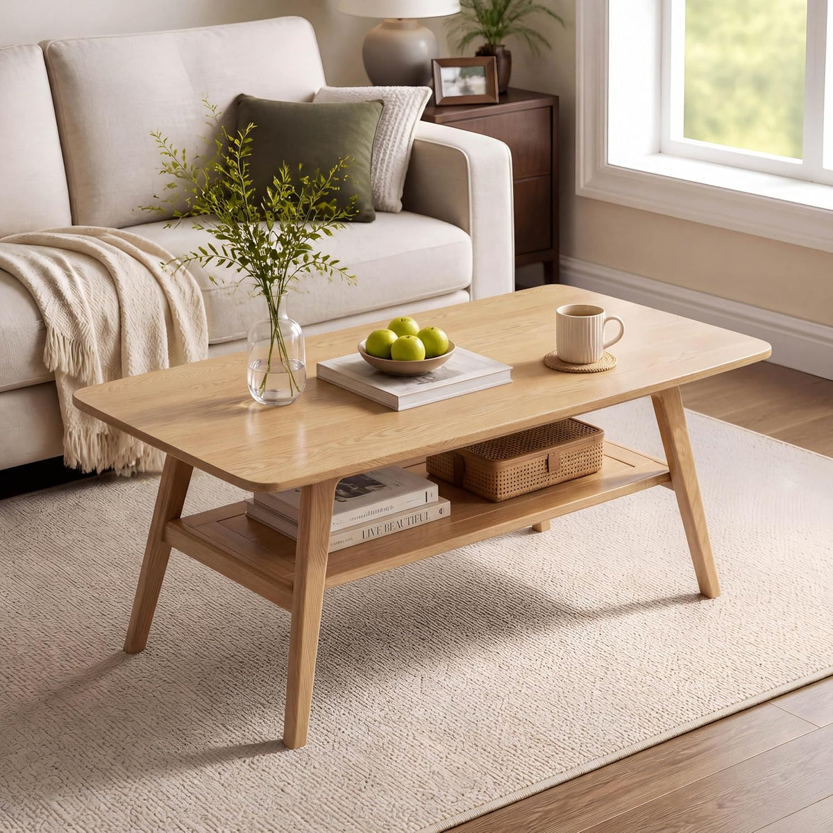 100% Solid Wood Coffee Table for Living Room, 47.24" Mid Century Modern Tables with Shelf Storage, 2-Tier Coffee Table with Rounded Corners (Oak Wood Log Color)