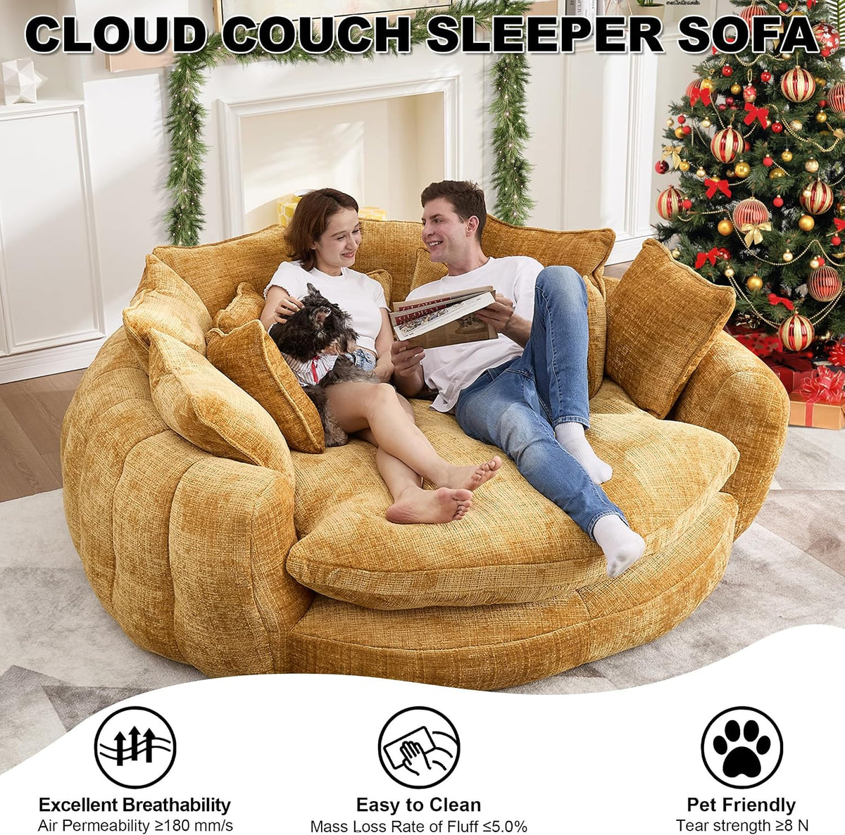 81.1" Oversized Round Chaise Lounge, Extra-Thick 14.9" Seat Wrap-Around Back Guard Spines In Open-Plan Loft, Villa,Game Den, Round Couch Family Find Movie-Night Stadium for 2+ Adults, Pets, Yellow