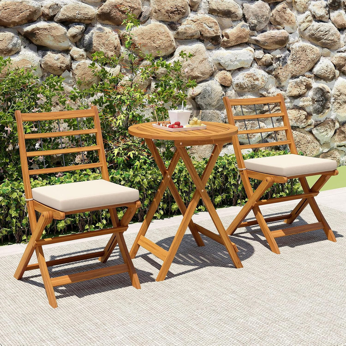 Tangkula 3 Piece Patio Wood Bistro Set, Folding Table Chair Set w/Soft Seat Cushions, Acacia Wood Frame, High-Back Portable Chairs w/Table for Backyard, Poolside (Off White)