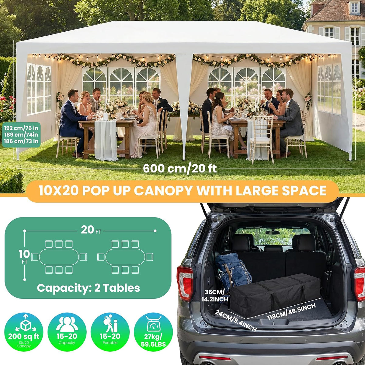 10x20 upgrade pop up canopy outdoor party tent, side view