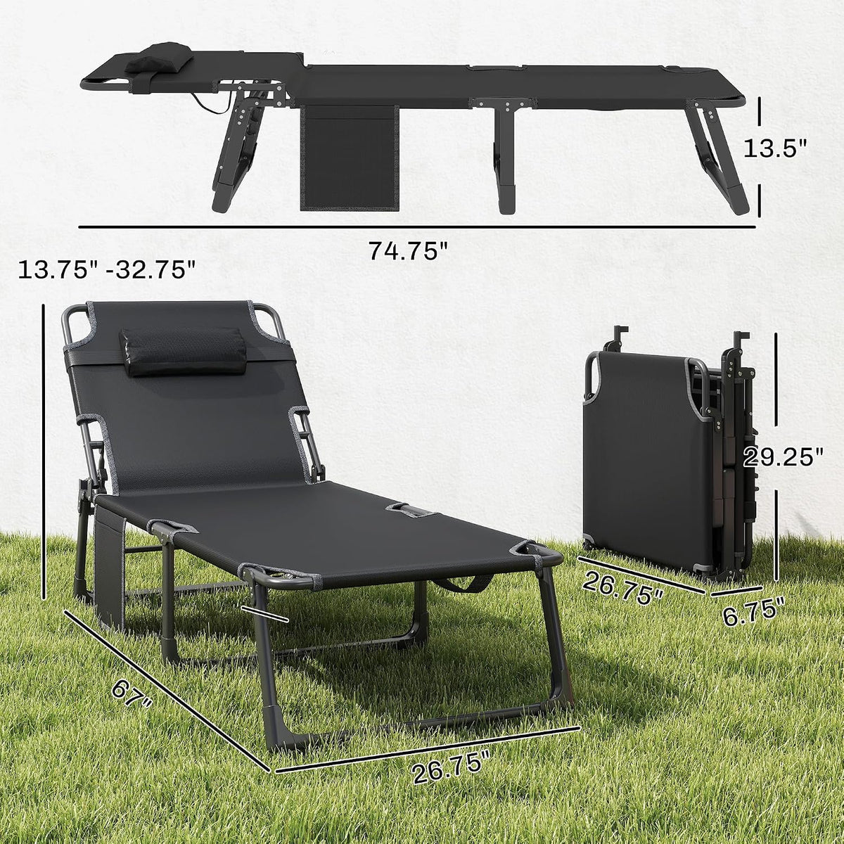 Outsunny Chaise Lounge Chair Outdoor 5-Level Back Dark Gray