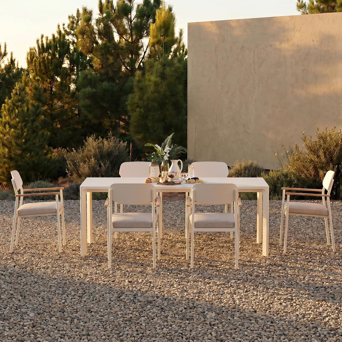 Modern Shade Luxury Outdoor Dining Set for 7, Outdoor Table and Chairs Set with Fade Resistant Cushions & FSC Teak, Premium Aluminum Patio Table and Chairs Set for Elegant Outdoor Living, White