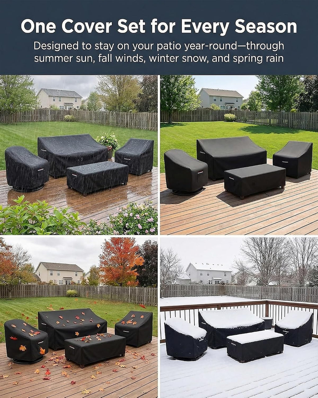 4-Piece Patio Furniture Cover Set, Waterproof Outdoor Furniture Covers for 3-Seater Sofa, Patio Chairs & Coffee Table, Heavy-Duty 600D, Fade&UV-Resistant, Breathable, All-Season Protection, Black