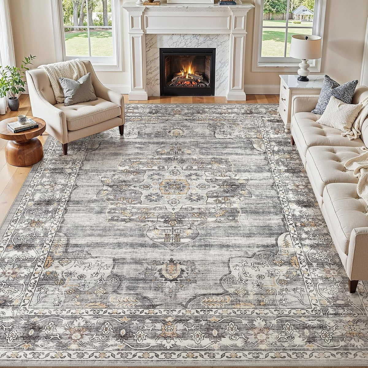 Vintage Washable 8x10 Area Rug, Non-Slip Indoor Carpet, Grey
