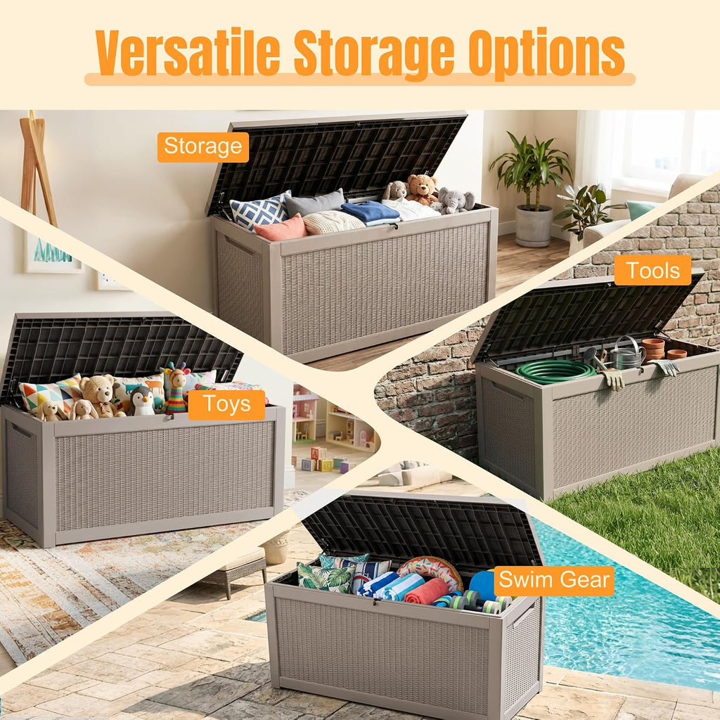 Outdoor Storage Box, 380 Gallon Waterproof Resin Deck Box with Support Rod