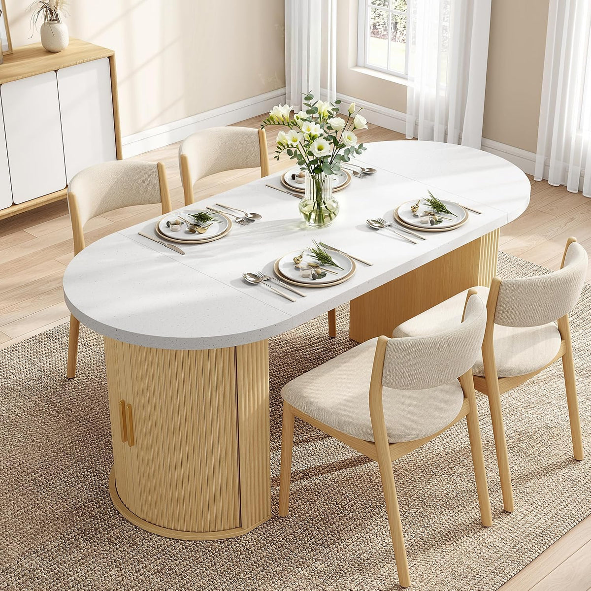 IRONCK 71" Oval Dining Table with Hidden Storage, Oak