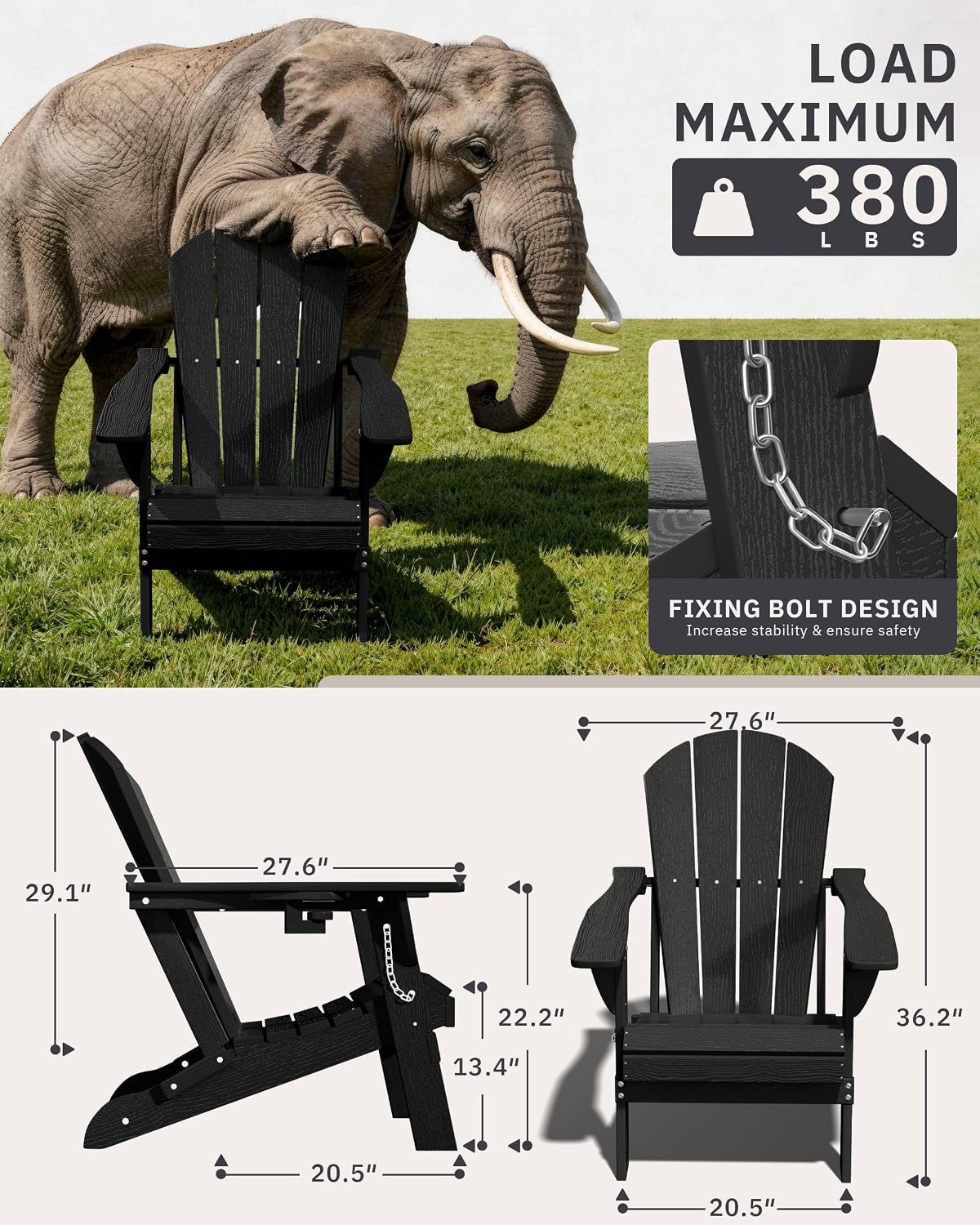 AreShark HDPE Folding Adirondack Chair with Cup Holder, Black