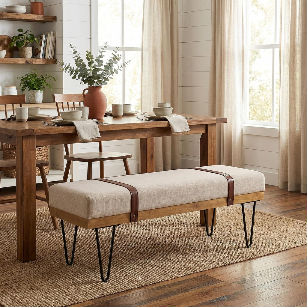 DUOMAY Industrial Modern Linen Rectangle Ottoman Bench, Beige