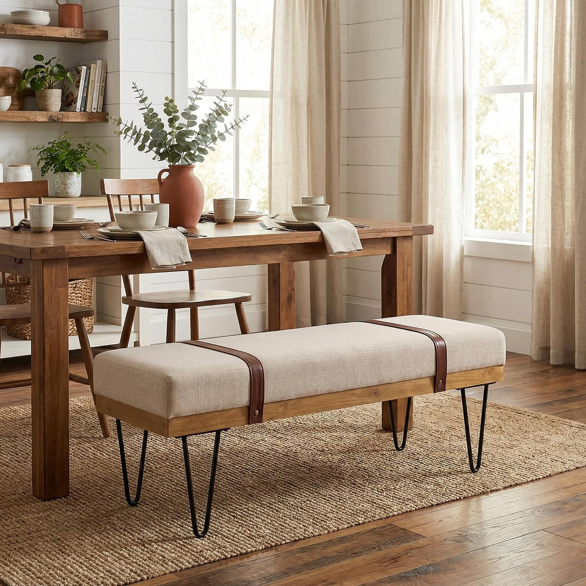 DUOMAY Industrial Modern Linen Rectangle Ottoman Bench, Beige