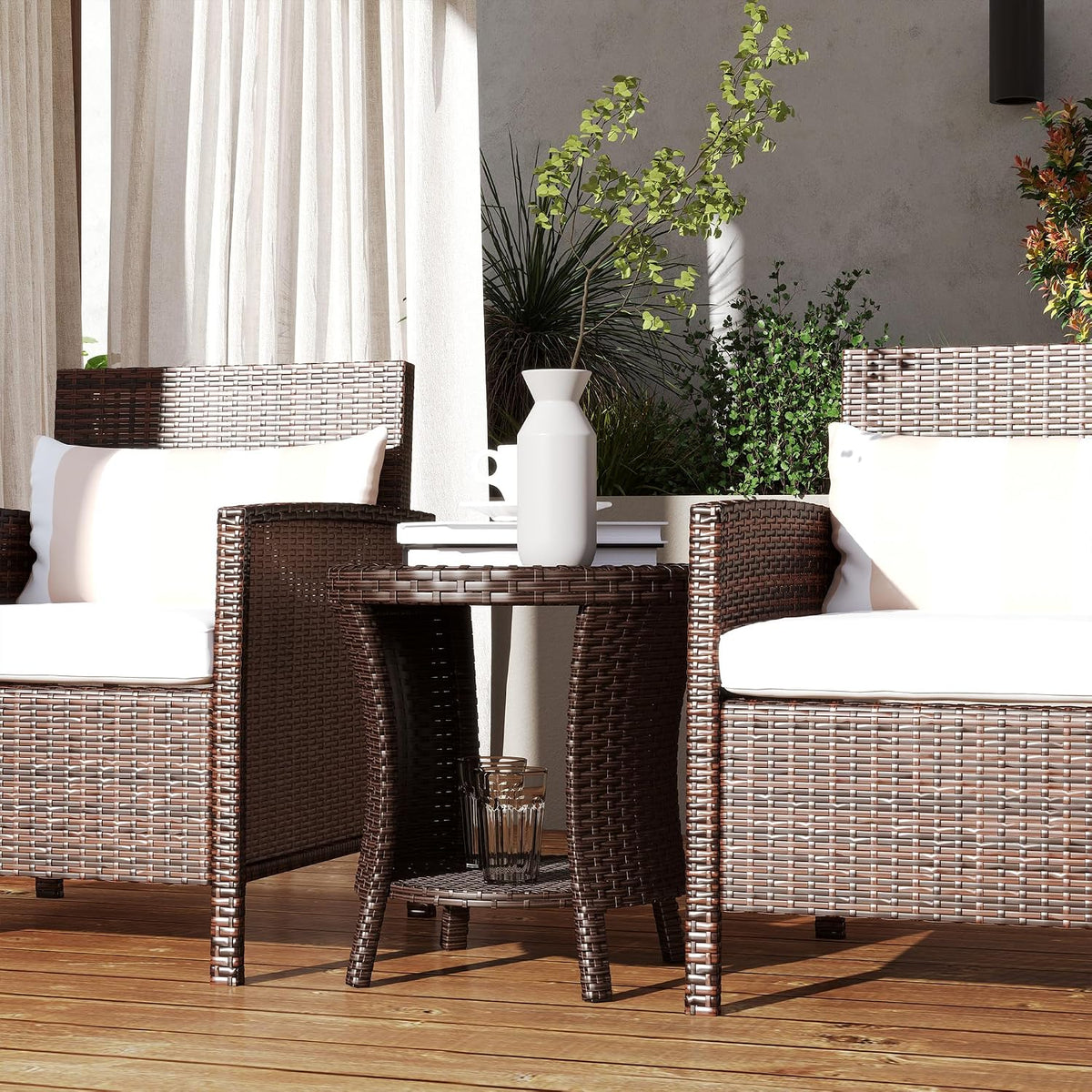 Outsunny 18" Outdoor Wicker Coffee Table 2-Tier Side Table Mixed Brown