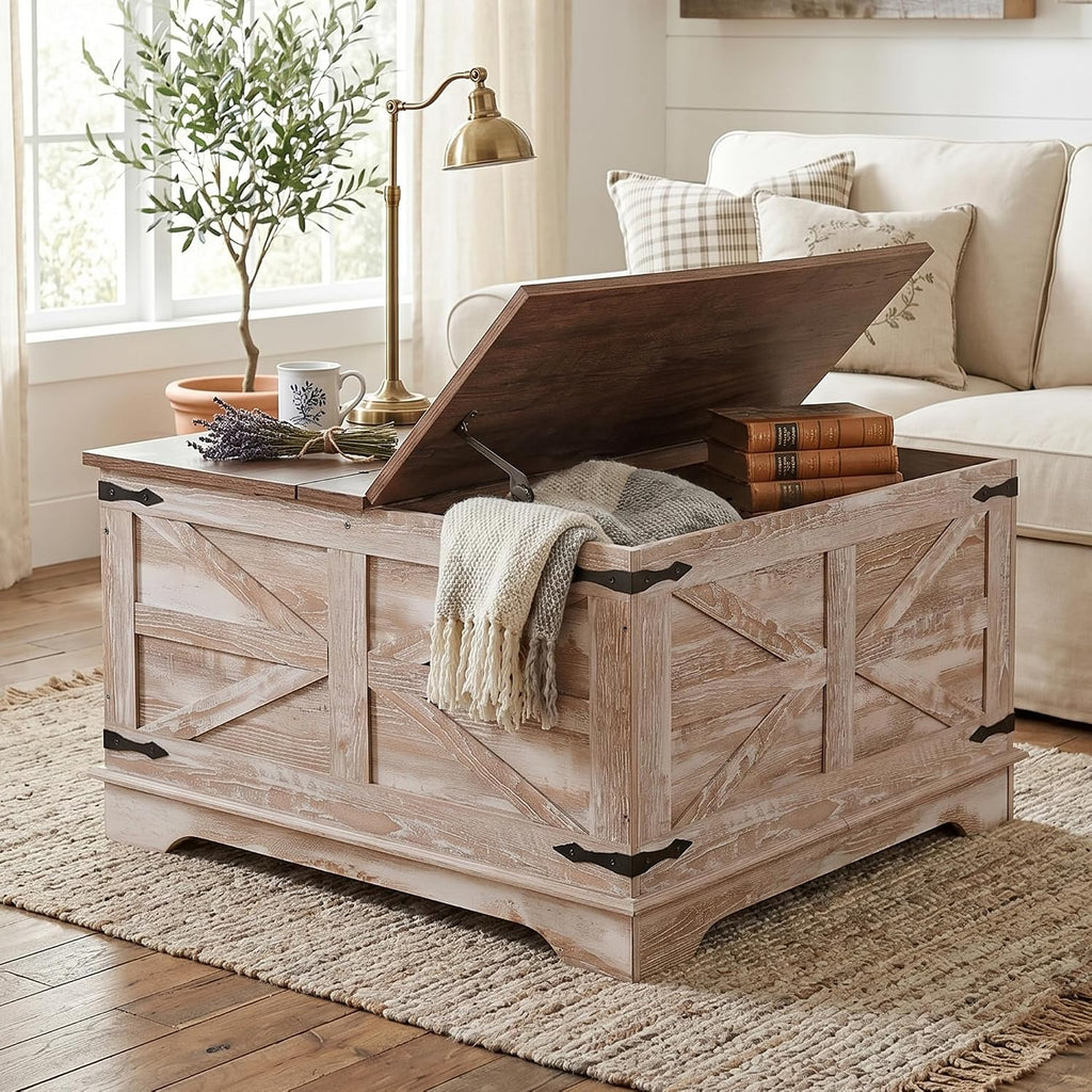 senlin Farmhouse Coffee Table, Heavy-Duty Coffee Table with Storage, Square Wood Center Table Set for Living Room with Pull Up Large Hidden Storage Compartment,Rustic Brown