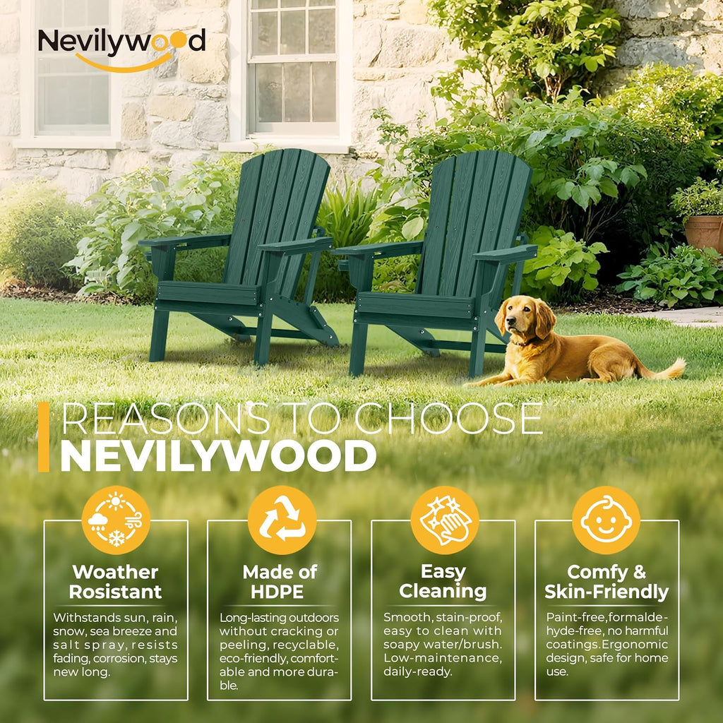 nevilywood Folding Adirondack Chairs Set of 2, HDPE Cup Holders, Green