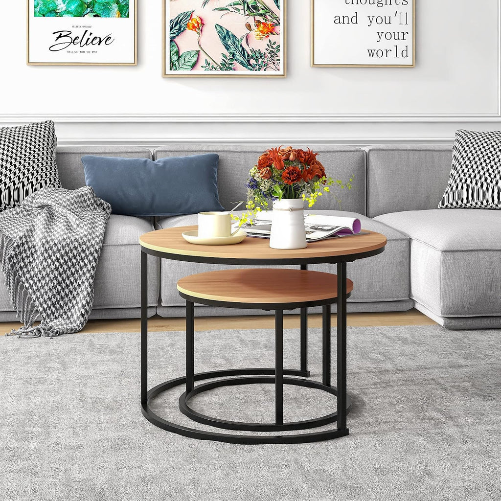 HOJINLINERO Round Nesting Coffee Table Set of 2,Cocktail Table,Large,Oak