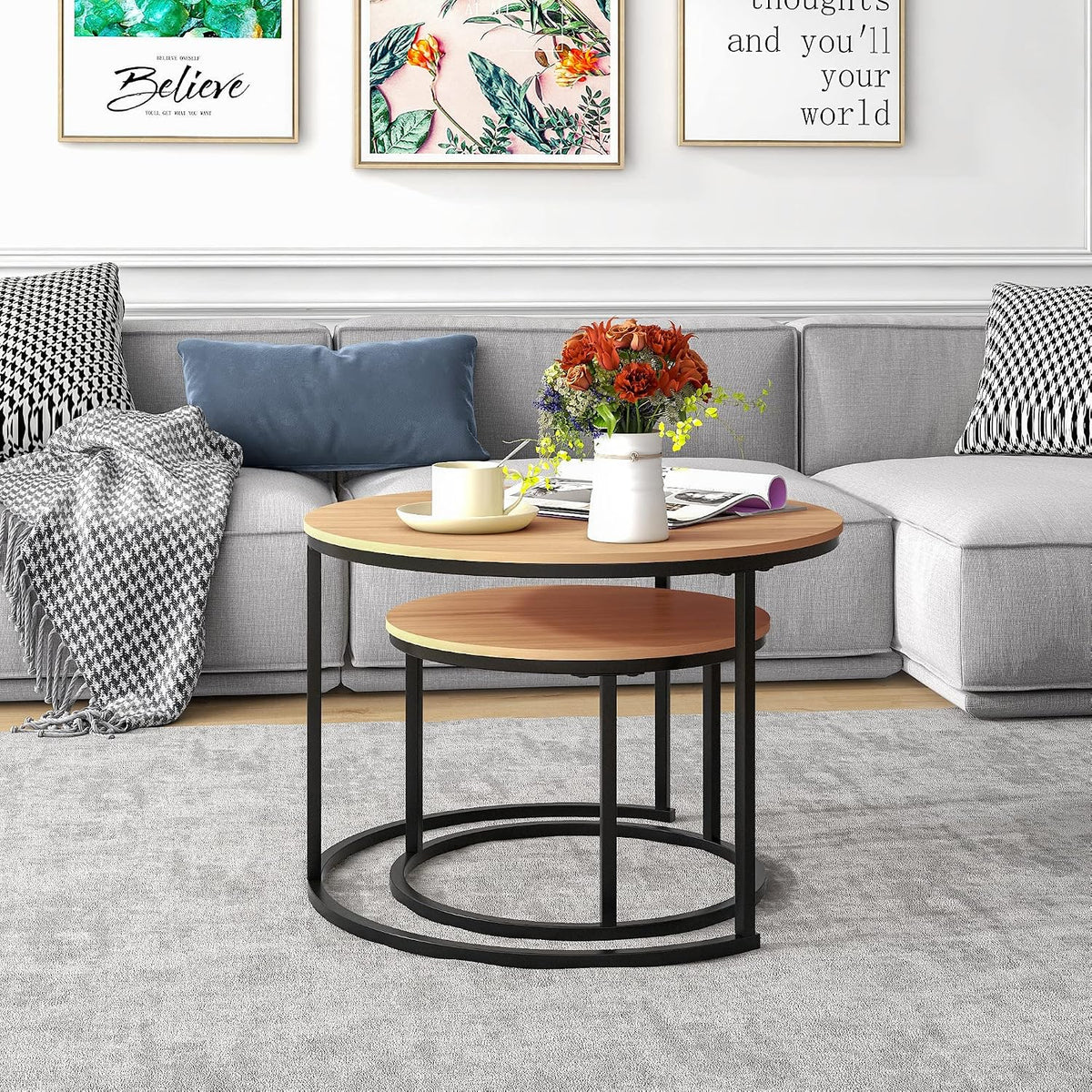 HOJINLINERO Round Nesting Coffee Table Set of 2,Cocktail Table,Large,Oak