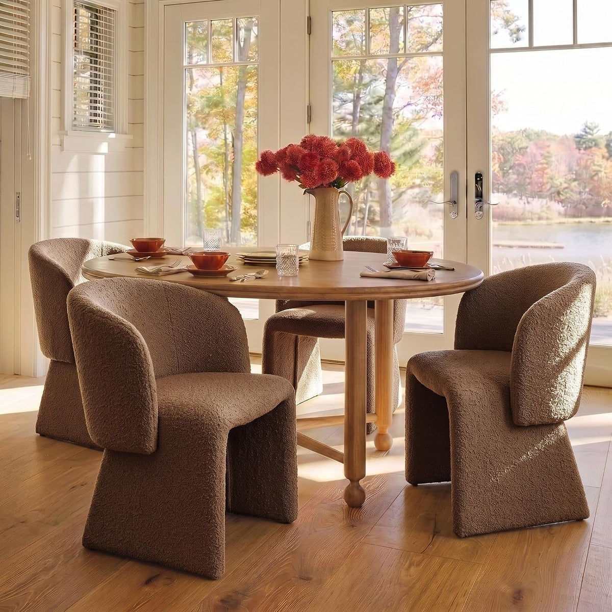 NORDICANA Barrel Dining Room Chairs with Arms, Faux Fur Accent Chairs Set of 4, for Kitchen, Living Room, Upholstered Armchairs, Brown