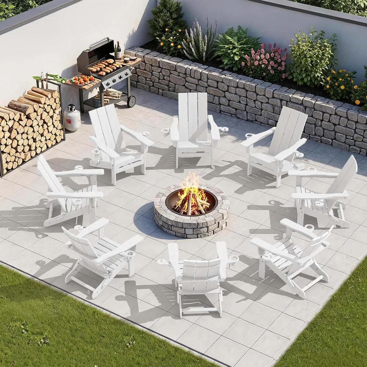 SERWALL HDPE Modern Folding Adirondack Chair with Dual Cup Holder, White