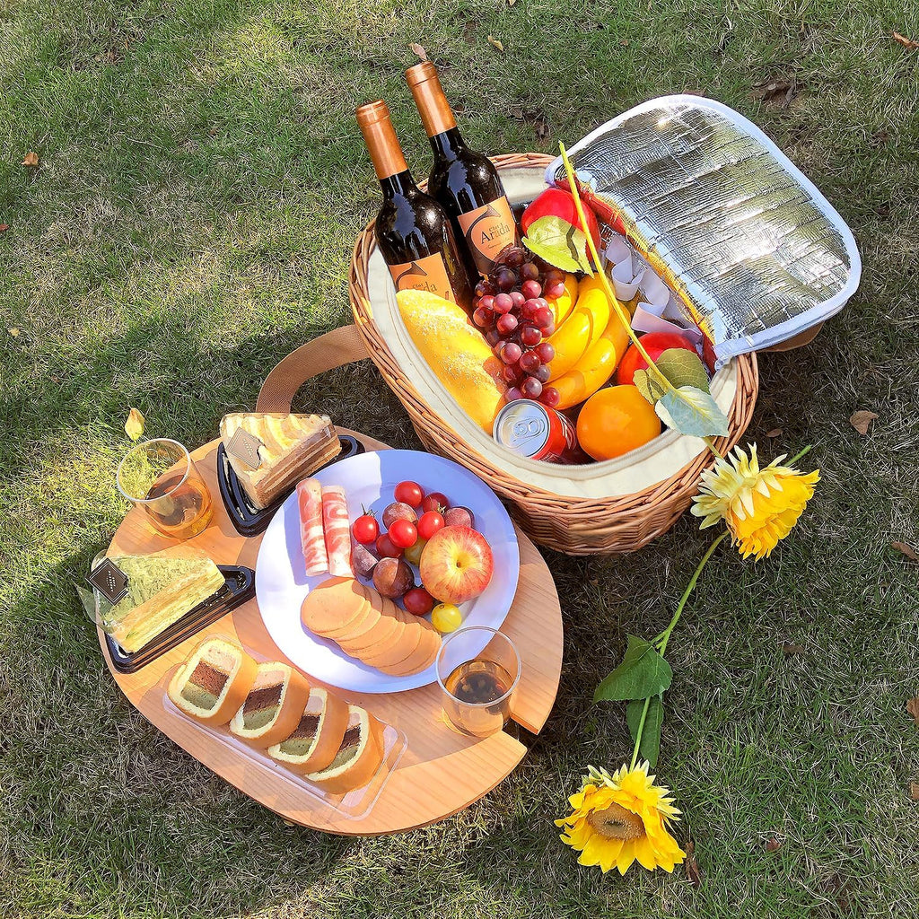 Hap Tim Wicker Picnic Basket Set for 4 with Mini Folding Wine Picnic Table & Large Insulated Cooler Bag & Cutlery Service Kits for 4 Person, Couples Gifts, Wedding Gifts (Y2209-4-GR)