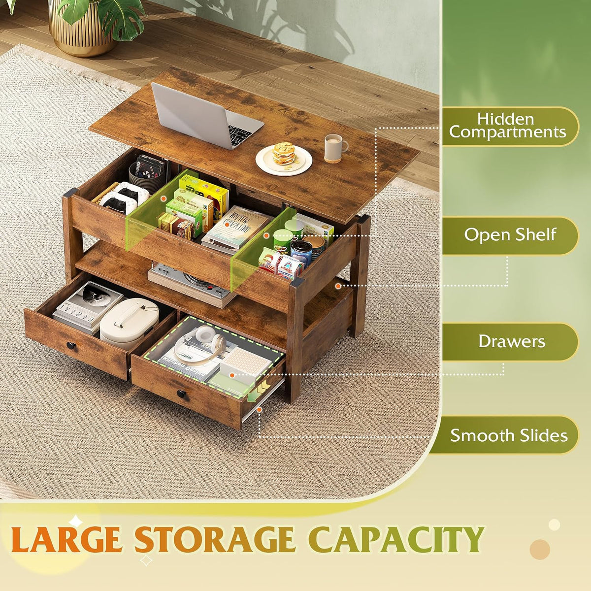 WLIVE Lift Top Coffee Table with 2 Drawers Brown