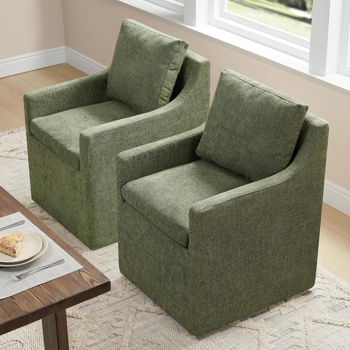 KISLOT Upholstered Dining Chairs Set of 2 with Casters, Moss Green