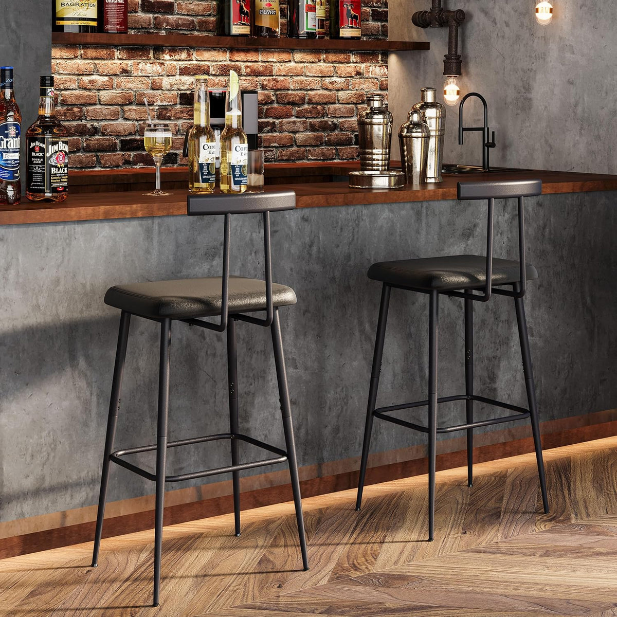black bar stool set of 2,tall meta black, side view