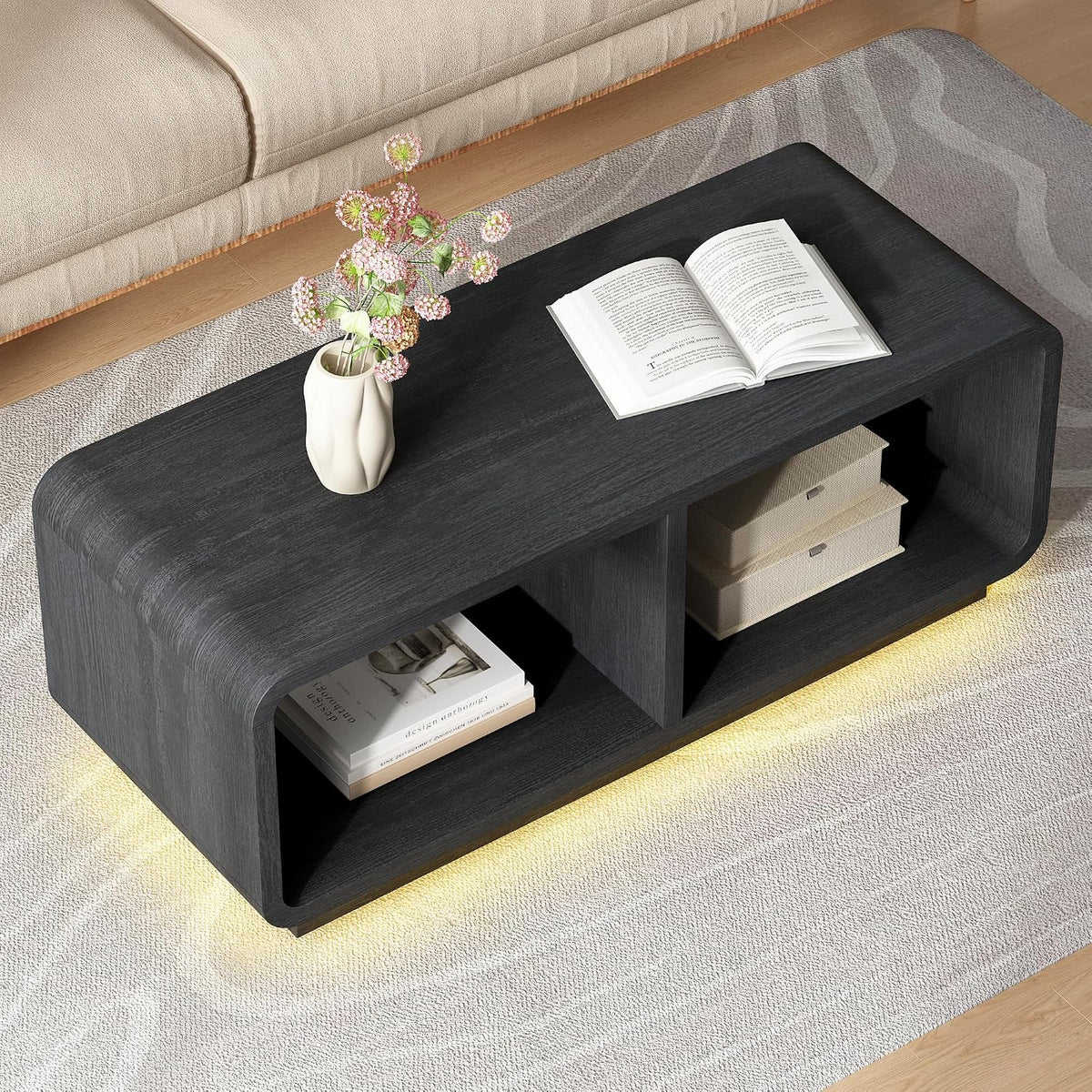 LYNSOM 47" Mid Century Modern Coffee Table, 2-Tier Center Table with Curved Profile Design & Independent Compartments, Wooden Rectangular Table with LED Light Strip for Living Room, Office, Black