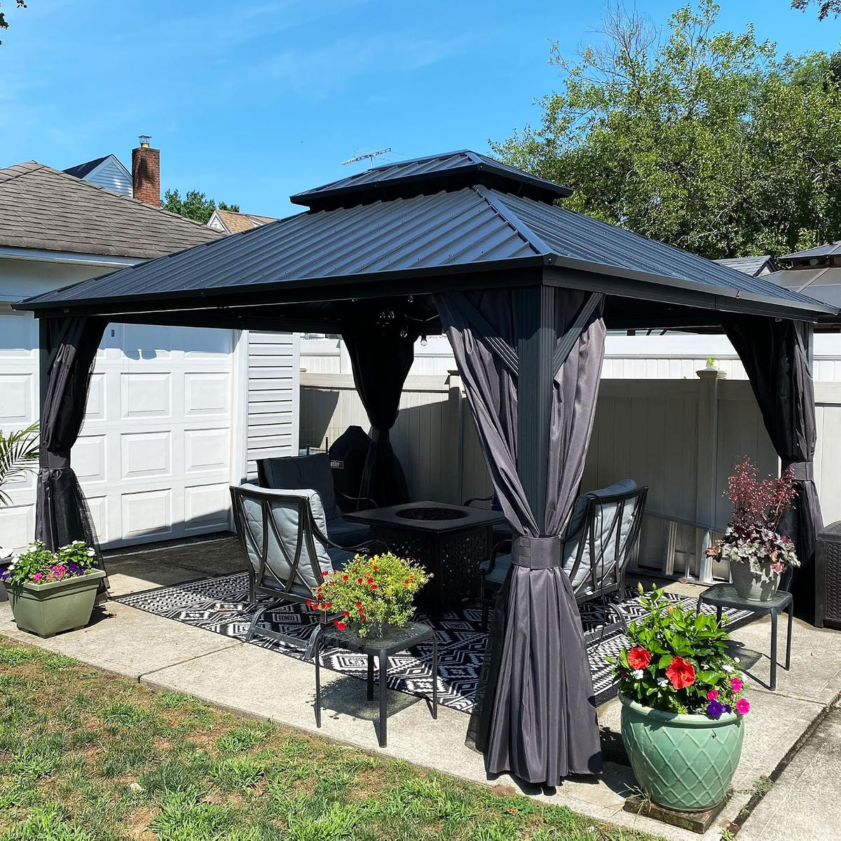 PURPLE LEAF Patio Aluminum Hardtop Gazebo 12' x 14' Privacy Curtain, Grey