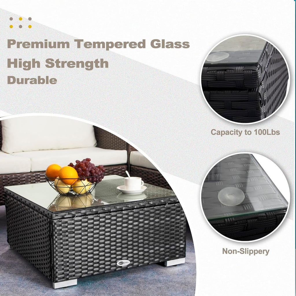 DIMAR GARDEN Outdoor Coffee Table Wicker Patio Side Table with Glass Top,25.2in Black