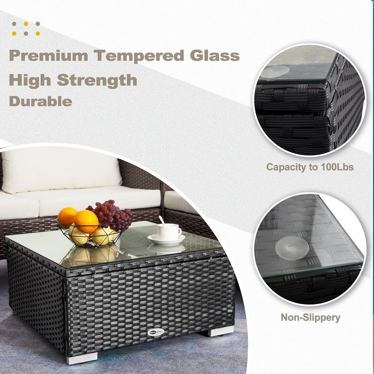 DIMAR GARDEN Outdoor Coffee Table Wicker Patio Side Table with Glass Top,25.2in Black