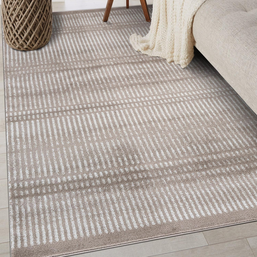 Rugshop Contemporary Stripe Lines High Traffic Area Rug Beige 5' x 7'